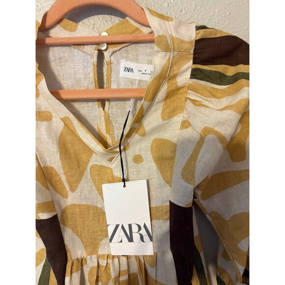 Zara V-neck Yellow/brown print3/4 Sleeve Linen Blend Dress NWT  Size 7 - Picture 4 of 6